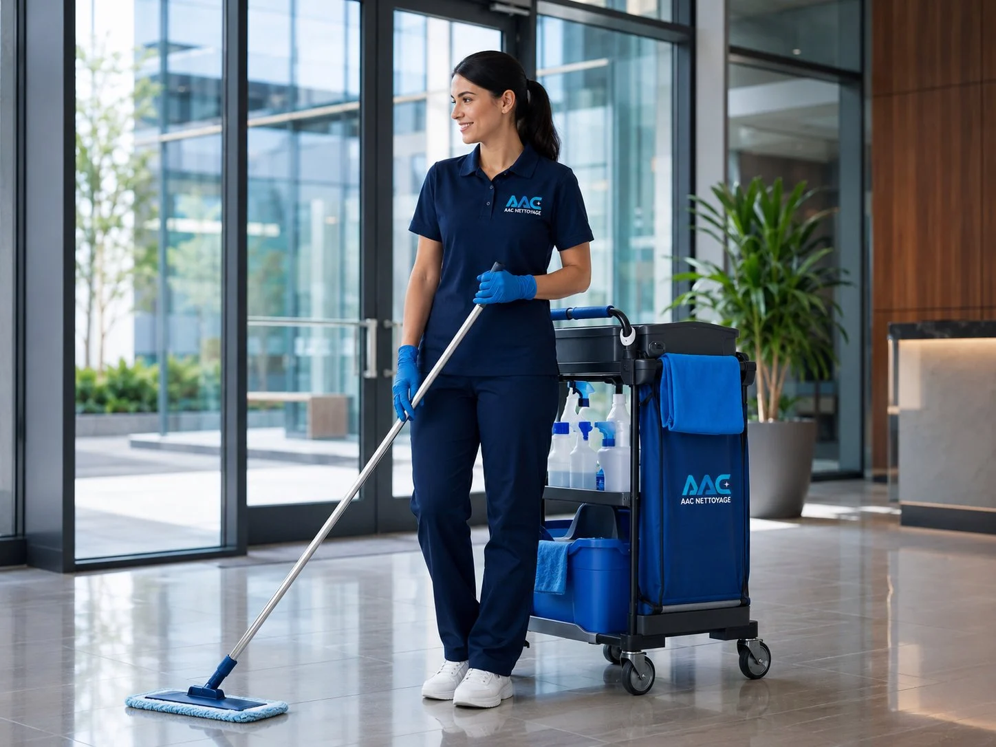 Employée AAC Nettoyage avec son chariot de nettoyage professionnel dans un hall d'entrée moderne