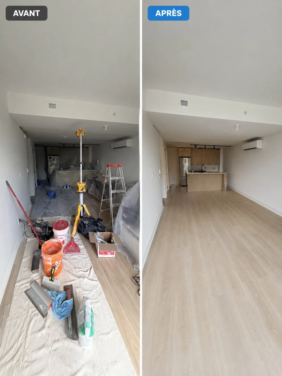 Comparaison avant / après d'un nettoyage post-construction : chantier en cours puis appartement propre et livré