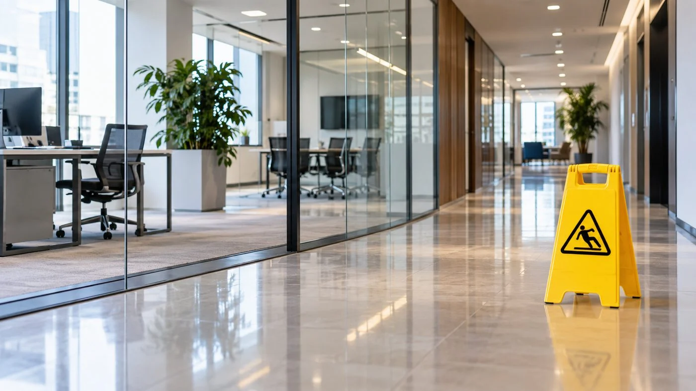 Couloir de bureaux moderne avec panneau de sécurité « Attention sol glissant » après un nettoyage, sols brillants et salle de réunion vitrée